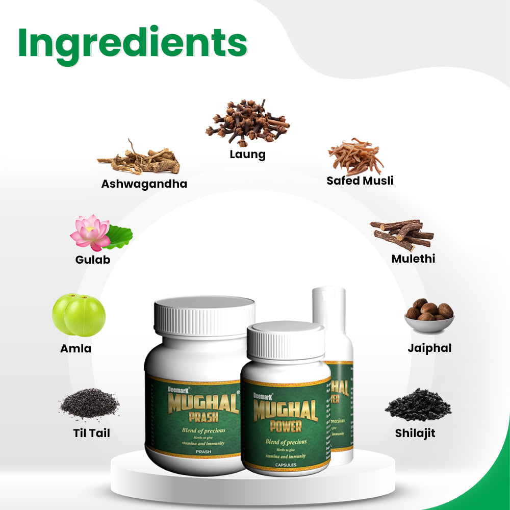 Mughal Prash with natural ingredients like Ashwagandha, Laung, Safed Musli, Amla, and Shilajit displayed.