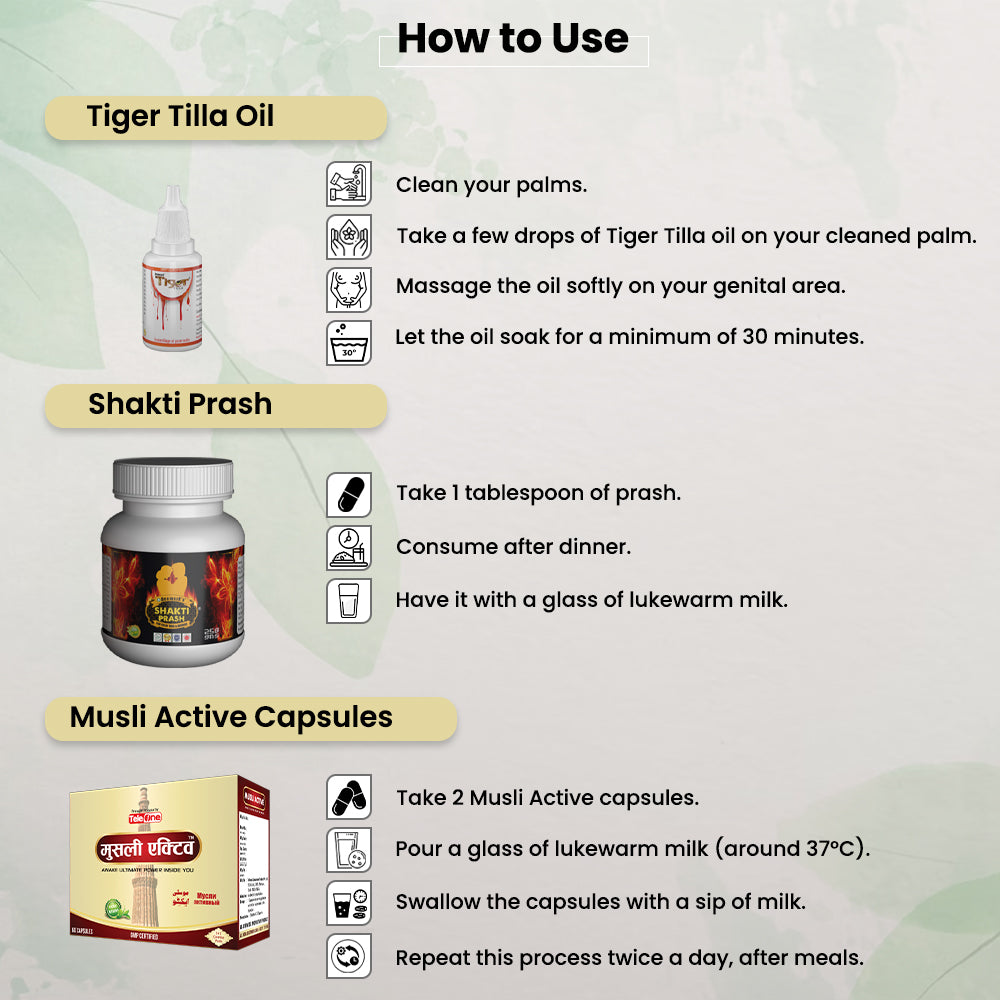 Shakti Prash, Musli Active Capsules & Tiger Tilla Oil For Better Wellness & Energy