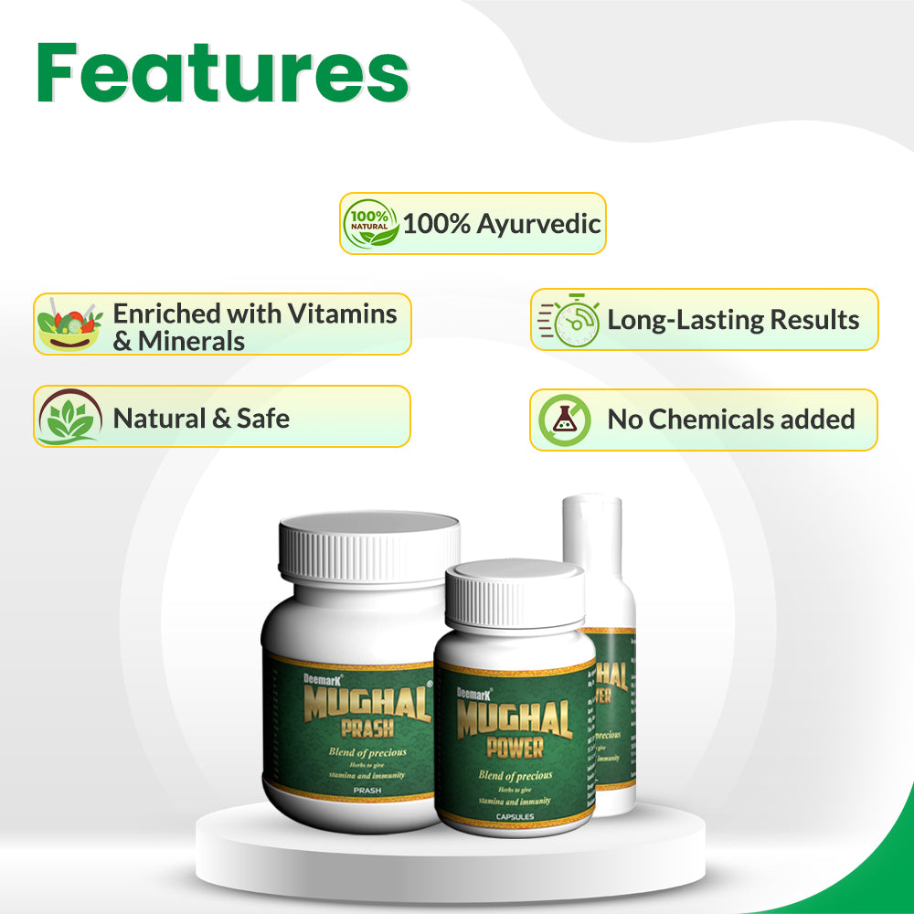 Deemark Mughal Prash features: 100% Ayurvedic, vitamin-rich, safe, long-lasting, and chemical-free.