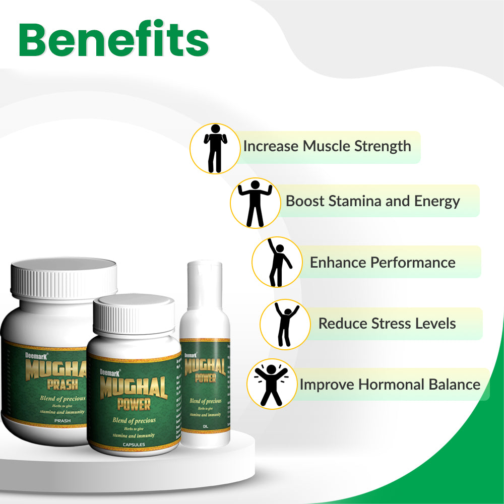 E41  Deemark Mughal Prash, capsules, oil products with icons for benefits 